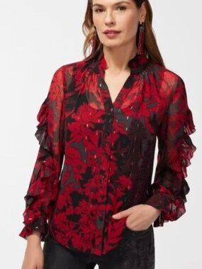 Chico's Red Black Poppy Chiffon Ruffle Button Down Blouse Size XL/18